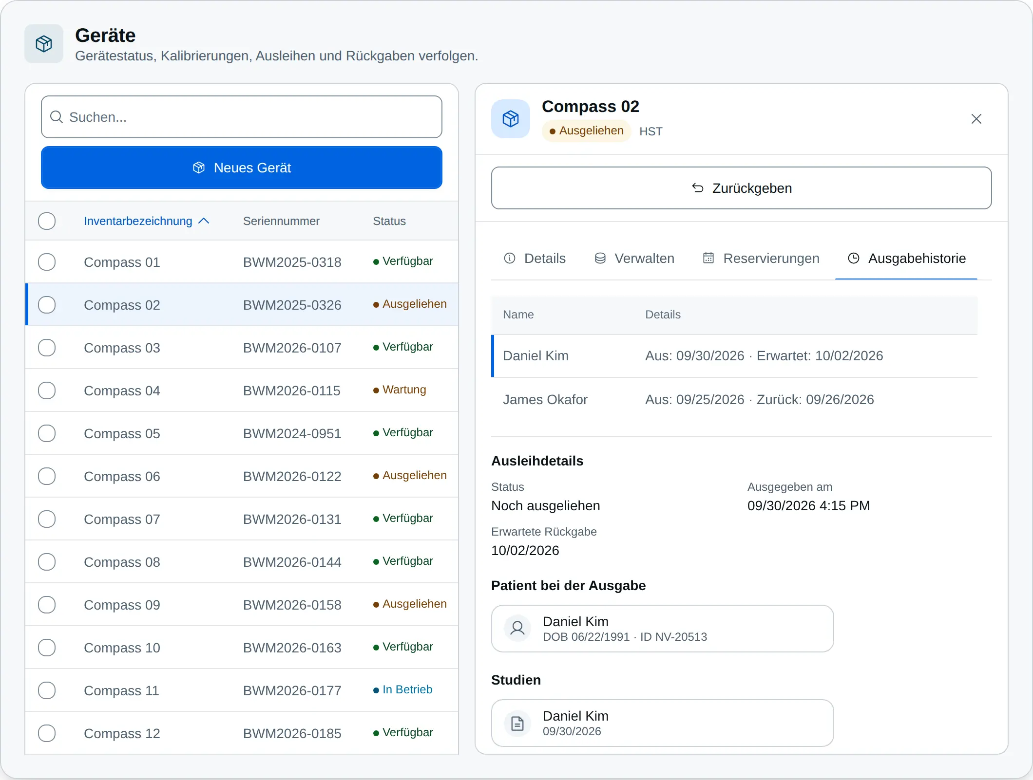 Geräteseite mit HST-Compass-Geräten und ihrem Status sowie der Ausgabehistorie eines Compass mit dem Patienten, an den er ausgegeben ist, und der verknüpften Untersuchung